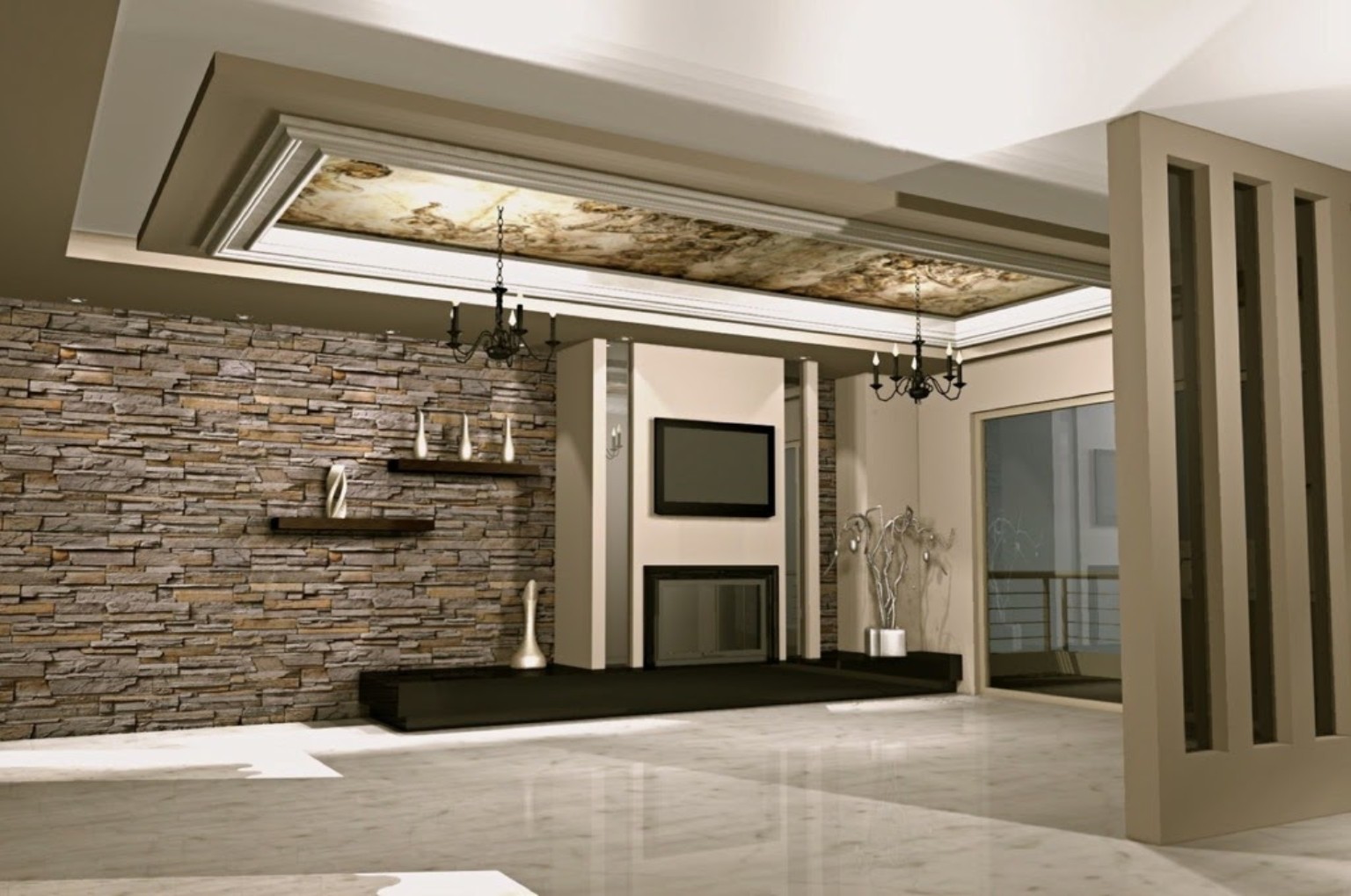 Contemporary interior with stone feature wall